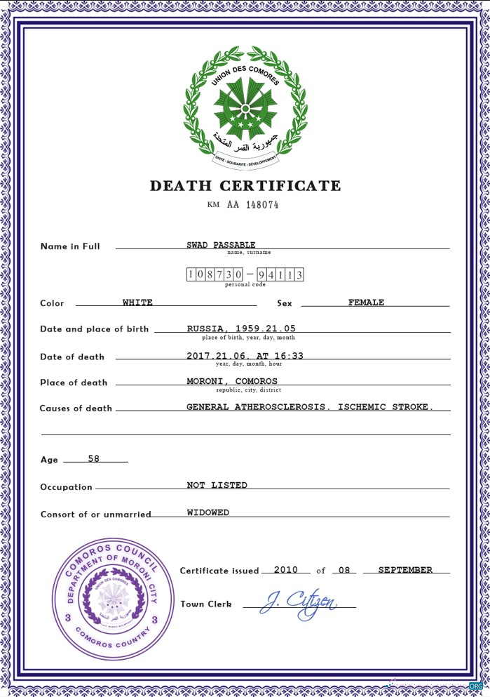 Download Comoros death certificate PSD template Photoshop template
